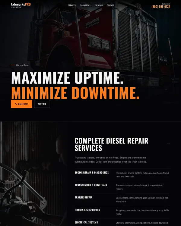 A spec website built for a diesel and fleet repair business