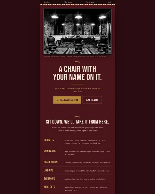 A spec website built for a barber shop business